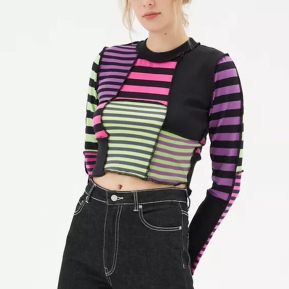 The Ragged Priest Tops - THE RAGGED PRIEST Y2K Vibes Multicolor Punch Patchwork along Sleeve Crop Top